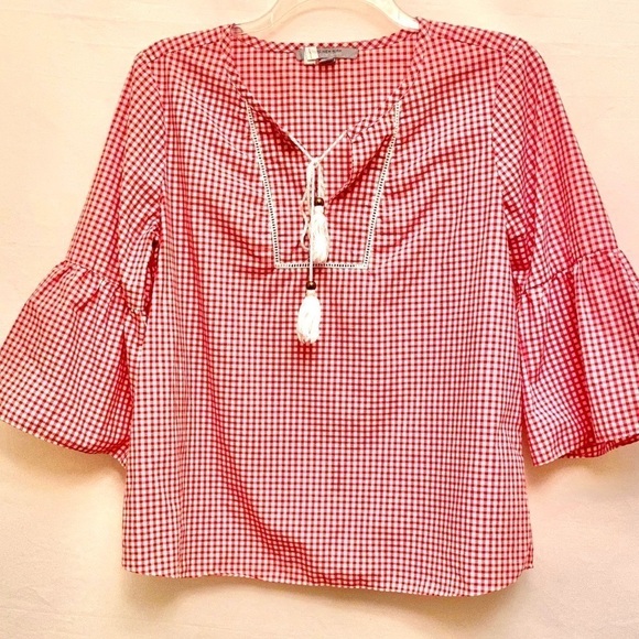 MARC NEW YORK Gingham Top Tassels Bell Slvs Tunic - Picture 1 of 6